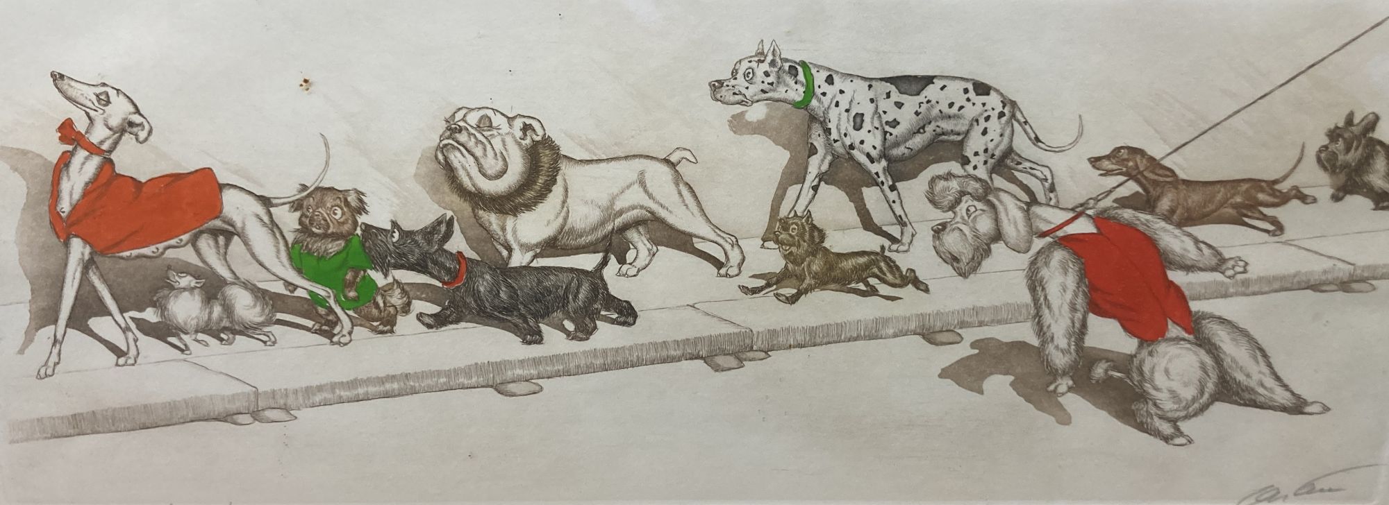 French School, two coloured etchings, caricatures of cats and dogs, one titled Profanateur the other Oh! Liboute Cherie!, 21 x 49cm, fr